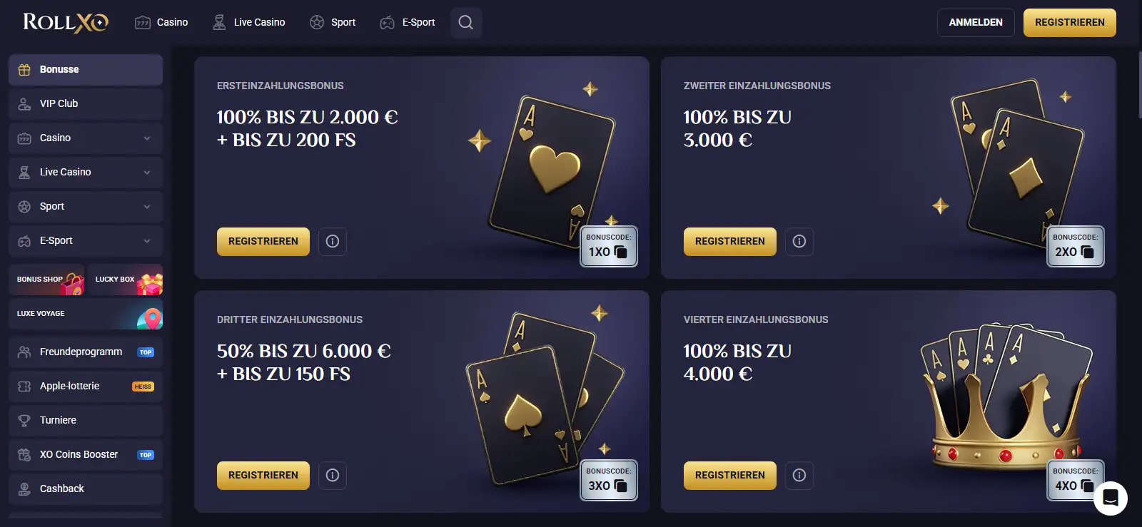 Ansicht der aktuellen deutschen RollXO Promotionsseite mit Willkommensbonus und Bonuscodes
