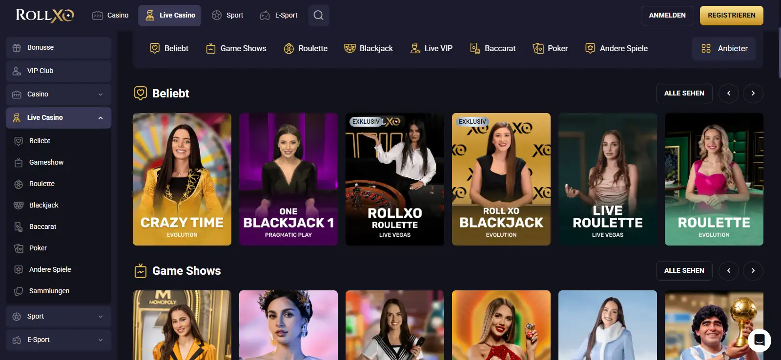 Ansicht der aktuellen deutschen RollXO Live-Casino-Lobby mit Roulette, Blackjack, Baccarat, Poker und Dealer-Spielkategorien
