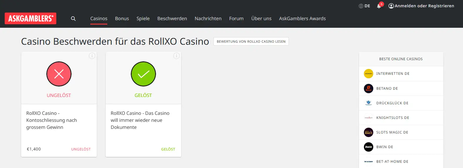 Ansicht einer aktuellen RollXO Beschwerdeübersicht bei AskGamblers mit sichtbaren Falltiteln und Statusangaben, ohne unnötige persönliche Daten