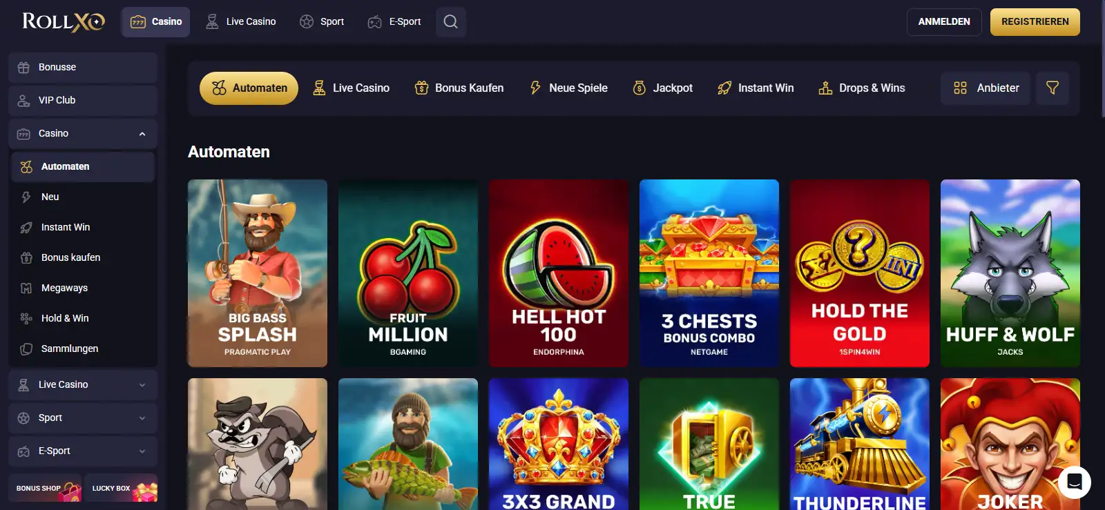 Ansicht der aktuellen deutschen RollXO Casino-Lobby mit Spielkacheln, Kategorien und Anbieter-Navigation