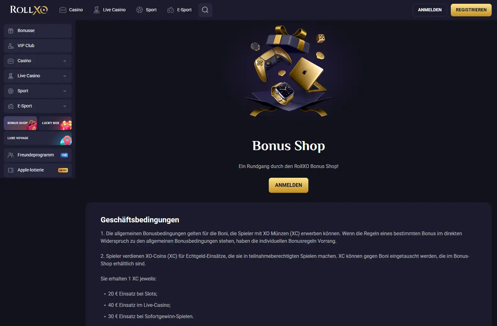 Ansicht des RollXO Bonus Shops mit XO Coins und auswählbaren Free-Spin-Belohnungen