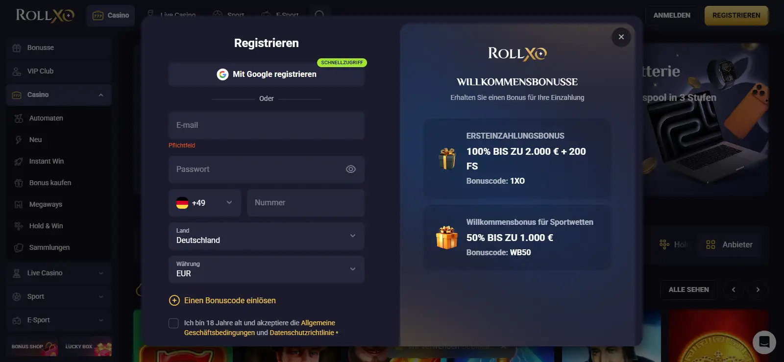 Ansicht des aktuellen deutschen RollXO Registrierungsfensters mit sichtbaren Konto- und Anmeldefeldern