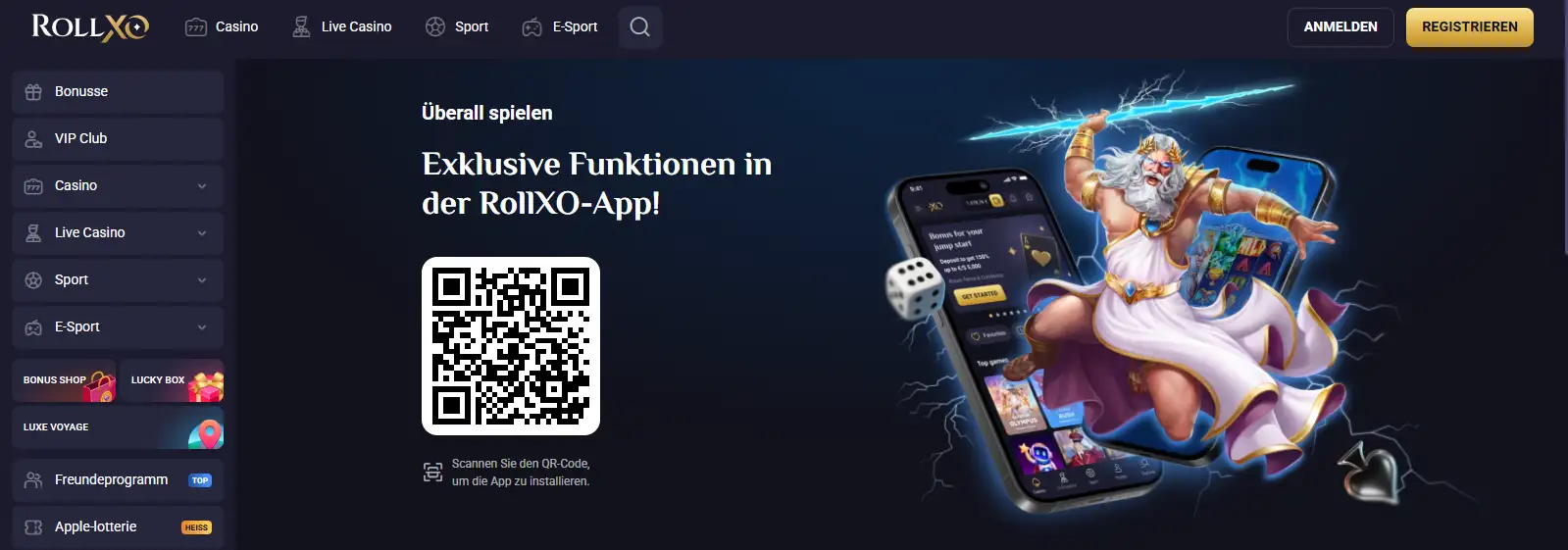 Ansicht der offiziellen deutschen RollXO Install-App-Seite mit Installieren-Schaltfläche und mobilen Gerätehinweisen