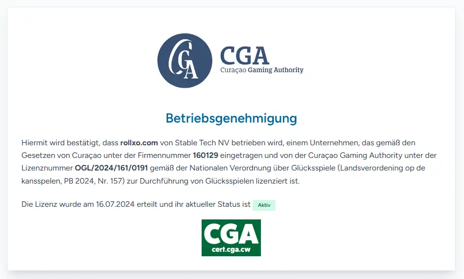 Ansicht des offiziellen Curaçao Gaming Authority Zertifikats für rollxo.com mit Stable Tech N.V., Lizenz OGL/2024/161/0191 und Status Active