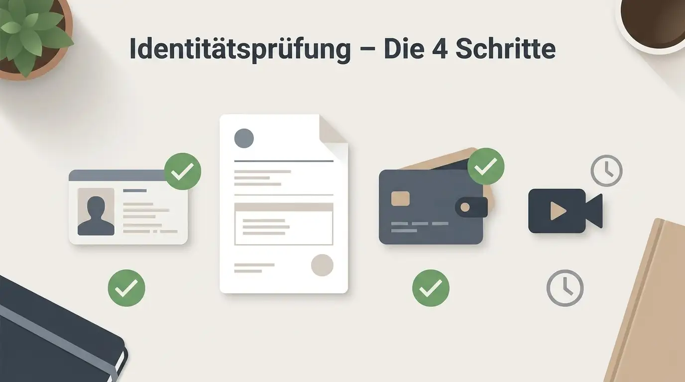 Neutrale Illustration einer KYC Checkliste mit Ausweis, Adressnachweis, Zahlungsnachweis und Prüfstatus ohne RollXO Benutzeroberfläche