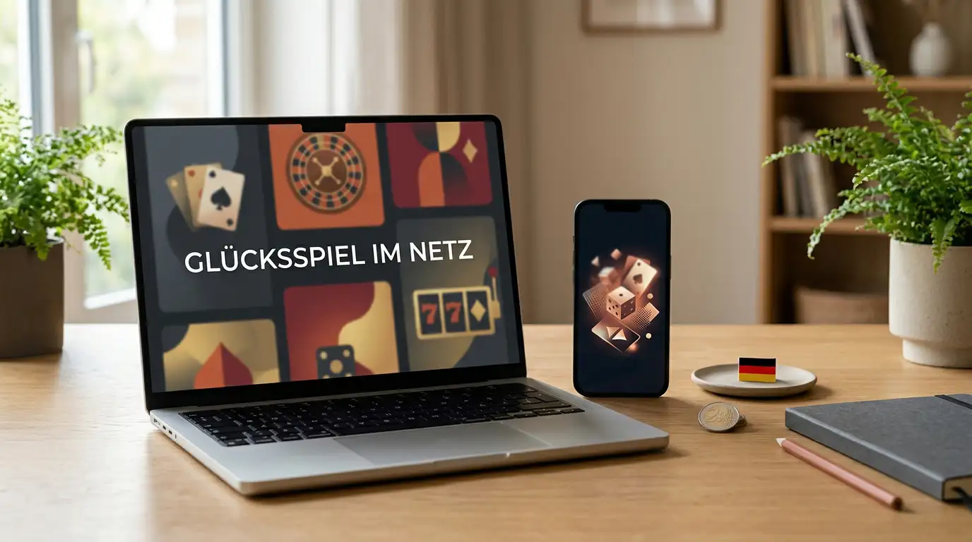 Redaktionelle Illustration eines Casino-Vergleichs auf Desktop und Smartphone mit Deutschland- und Euro-Kontext